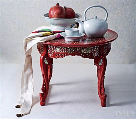 Tea Table With Korean Traditional White Porcelains And Patchwork Table