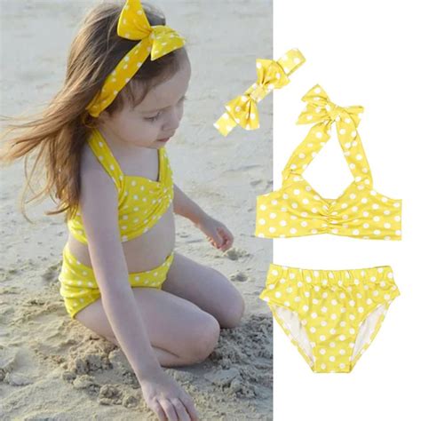 Xreouga Yellow Dot Bow Baby Cute Bikini Kid Halter Girl Swimwearturban