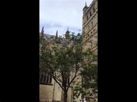 The cathedral contains the heaviest and highest ringing peal of bells in the world,(67m/219feet and 31tons) they were cast by the whitechapel bell foundry in the 1930's. Exeter cathedral bells ringing for Prince George - YouTube