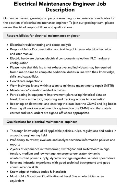 Roles And Responsibilities Of Electrical Maintenance Engineer