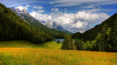 Green Trees Slope Mountains Grass Field Forest Landscape View Of River