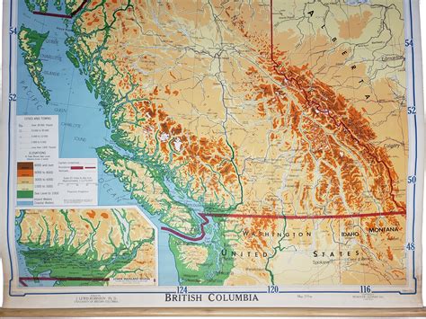 British Columbia Topographical Wall Map By Denoyer Geppert 1952