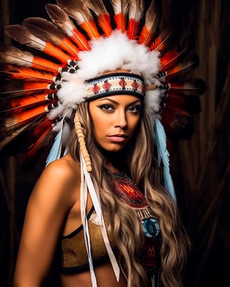 premium ai image native american indian model in full costumes accessories and feathery head