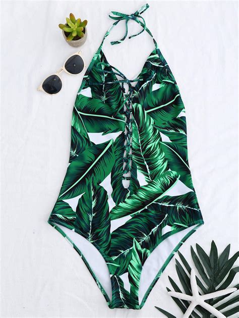 13 Off 2021 High Cut Lace Up Leaf Print Swimwear In Green Zaful