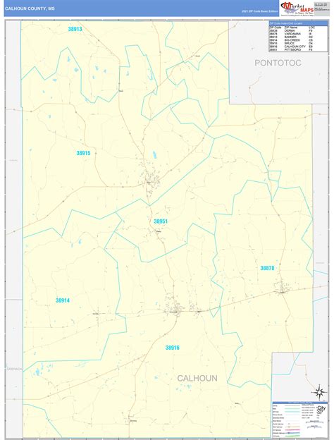 Calhoun County, MS Zip Code Wall Map Basic Style by MarketMAPS