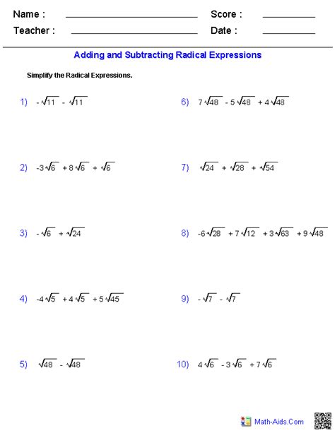 Simplifying Radicals Math Worksheets Worksheeto Com