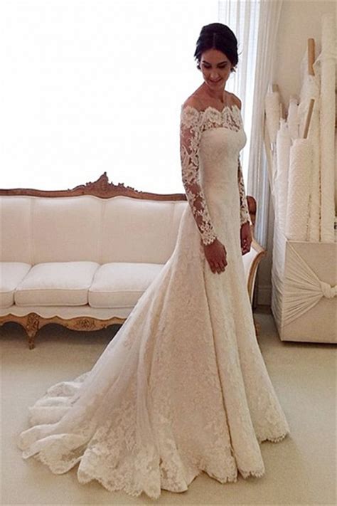 Elongate and flatter your beautiful figure with a mermaid wedding dress. White Off-the-shoulder Lace Long Sleeve Bridal Gowns ...