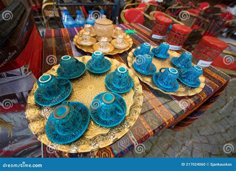 Flea Market Dishes Traditional Turkish Tea Sets On Golden Trays For