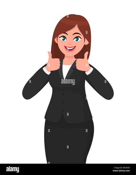 Beautiful Smiling Business Woman Showing Thumbs Up Sign Gesturing With Both Hands Like Agree