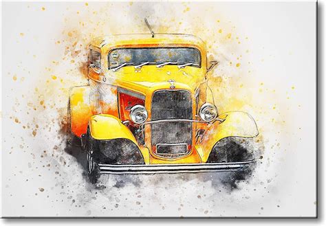 Vintage Yellow Classic Car Picture On Stretched Canvas Wall Art Dcor