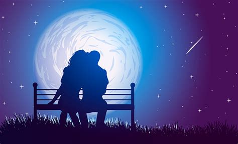 Couple Hugs On A Bench On Background Of Full Moon And Falling Star