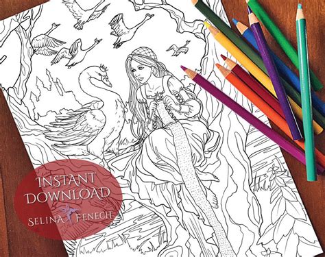Wild Swans Fairy Tales Princesses And Fables Coloring Pagedigi Stamp