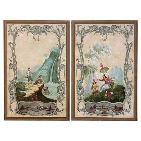 Pair Large French Painted Canvas Panels At 1stDibs