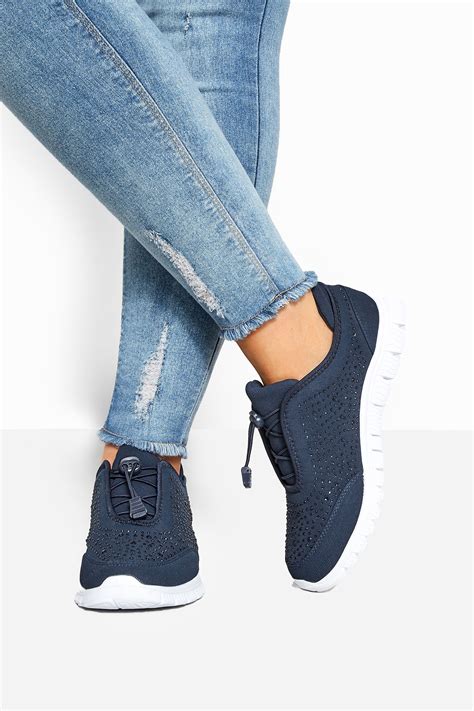 Extra Wide Fit Navy Blue Embellished Trainers In Eee Fit Long Tall Sally