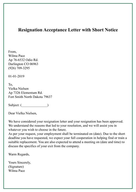 Resignation Acceptance Letter With Immediate Effect Best