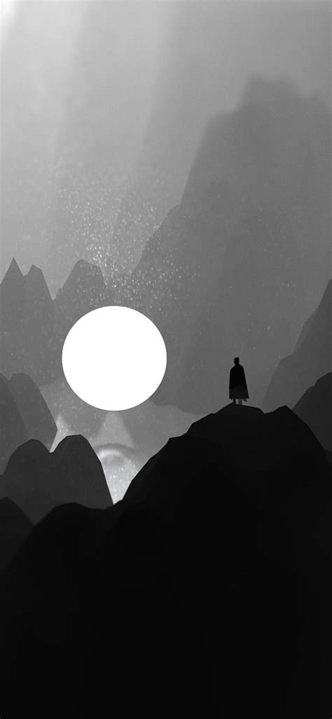 1125x2436 Black And White Moon Man Standing On Mountain Artwork Iphone
