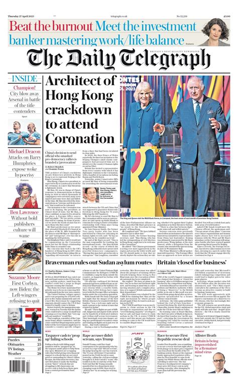 Daily Telegraph Front Page 27th Of April 2023 Tomorrow S Papers Today