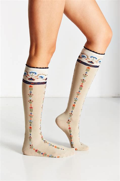 urban outfitters synthetic vintage floral knee high sock in beige natural lyst