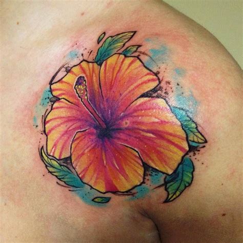 Watercolor Style Hibiscus Flower Tattoo On The Left Flower Tattoo On