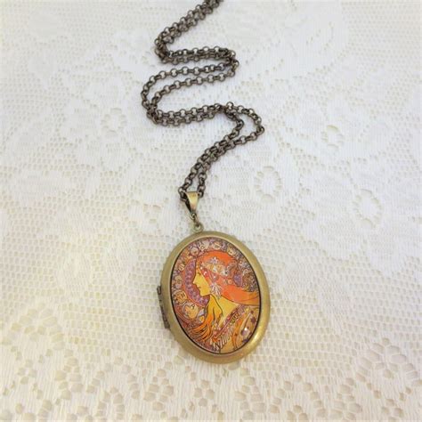 Art Deco Locket Alphonse Mucha Art Glass Locket Large Oval Etsy