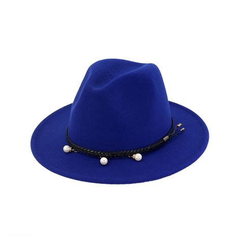 Unisex Classical Wool Felt Fedora Hats Black Ribbon Pearl Decorated