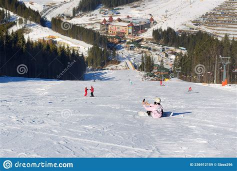 The Snowborder Makes Selfie On A Slope In Bukovel Ski Resort Editorial