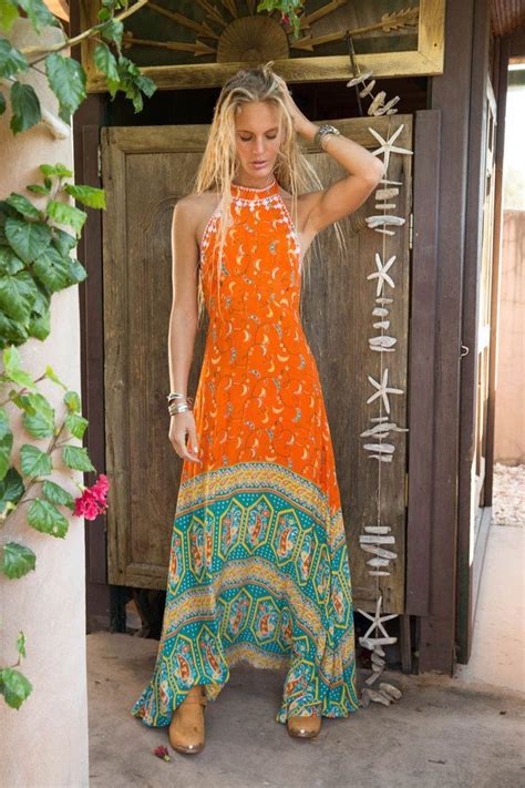 Boho Hippie Orange Maxi Dress Summer Feel Free Trendy Dresses Summer