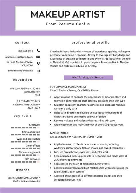 I was excited to learn that personal beauty services salon and spa is seeking a makeup artist. Makeup Artist Resume Sample & Writing Tips | Resume Genius ...