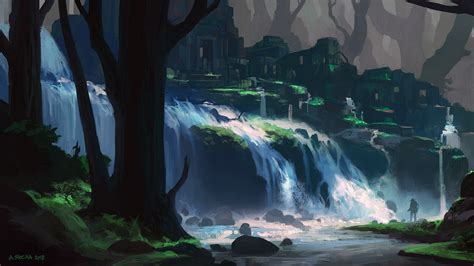 Wallpaper Andreas Rocha Artwork Digital Art Ruins Waterfall