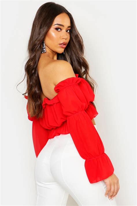woven volume sleeve ruched off the shoulder top women bardot top off the shoulder
