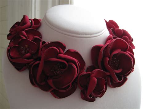 fabric flower necklace Made To Order scarlet red satin and