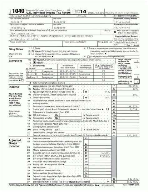Sample Of A 2014 Us Individual Income Tax Return Form 1040