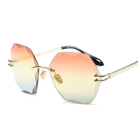 2018 Frameless Hexagon Sunglasses Women Brand Designer Rimless Sun Glasses Round Female Uv400