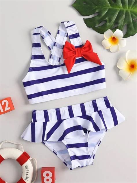 Cute Toddler Swimsuits Girls Navy Striped Skirted Two Piece Swimsuit