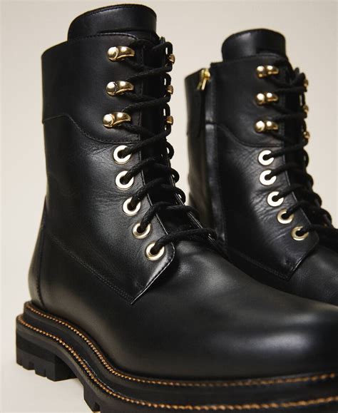 Tie Up Leather Combat Boots Woman Black Twinset Milano