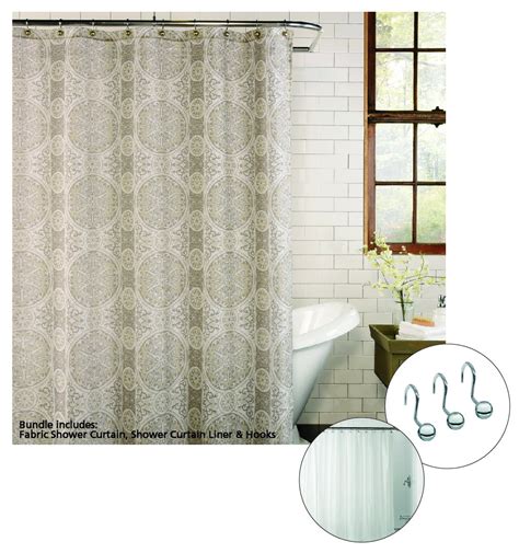 Excell Beige Fabric Shower Curtain With Liner And Hook Set