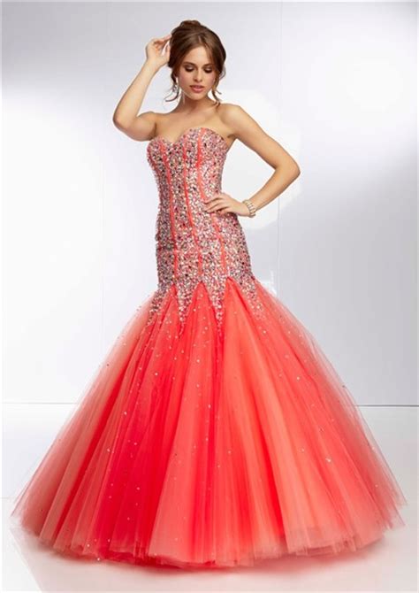Unusual Mermaid Flared Strapless Long Watermelon Red Tulle Beaded Prom