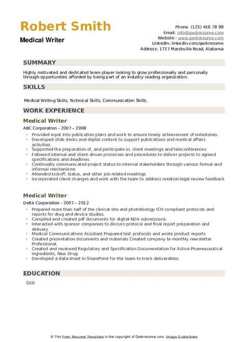 Medical resume template download these newest free formatted sample templates below these are great and work quickly with any type of cover letter design and more. Medical Writer Resume Samples | QwikResume