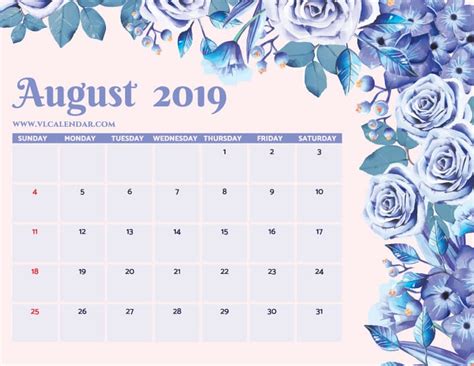 August 2019 Calligraphy Calendar Printable Monthly Calendar Template Images