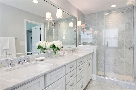 Transitional Bathroom Boasts Gorgeous Marble Throughout White Master