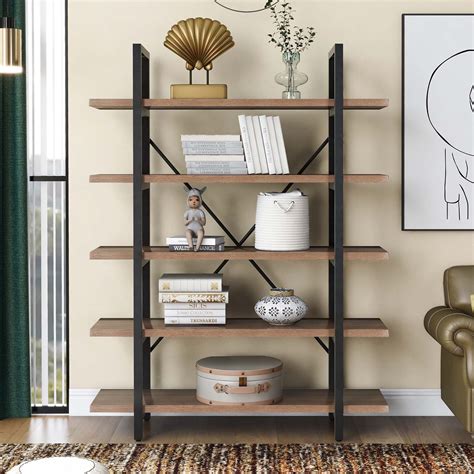 Overdrive 5 Tier Industrial Bookcase With Rustic Wood And Metal Frame