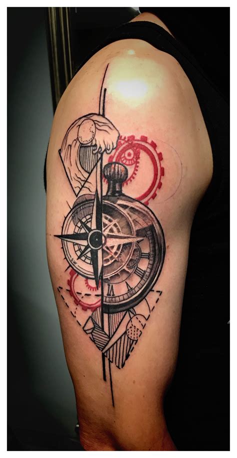 Tattoo Realized By Dime Reck Compass Clock Elements Tattoo Arm