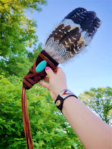 Native American Feather Fan Dance Fan Smudge Fan Buckskin Handle