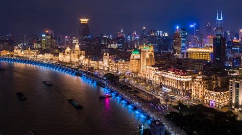 Premium Photo Aerial View Shanghai At Night The Bund In Shanghai Is