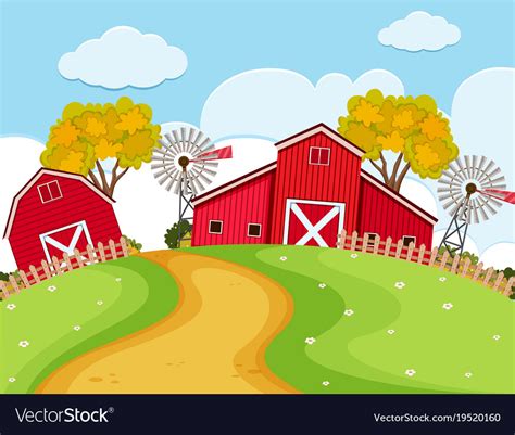 Farm Scene With Red Barns And Turbines Royalty Free Vector