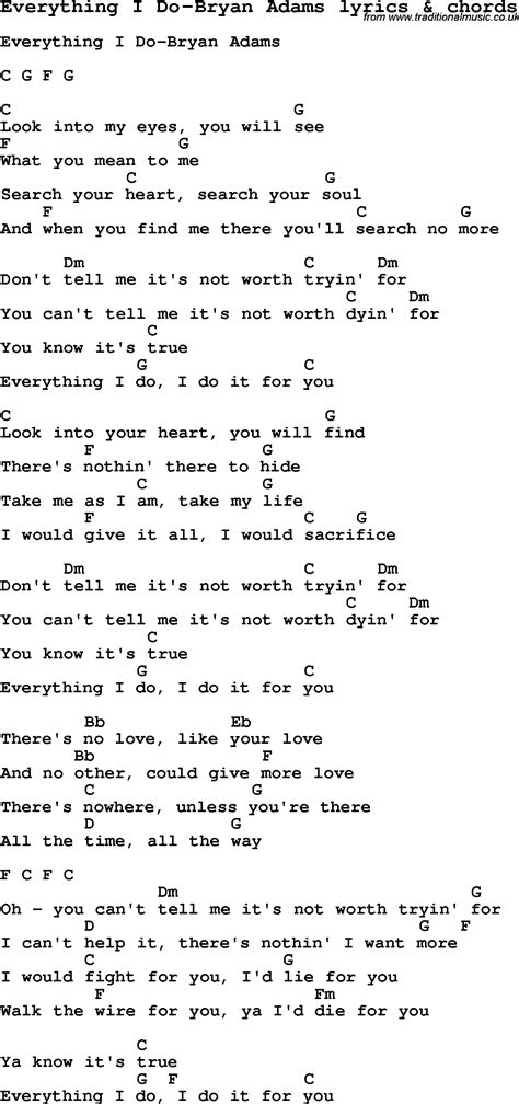 Love Song Lyrics Foreverything I Do Bryan Adams With Chords