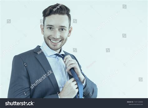 Content Handsome Businessman Getting Dressed Looking Stock Photo