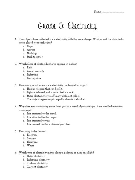 Science Test Electricity Electricity Electric Current