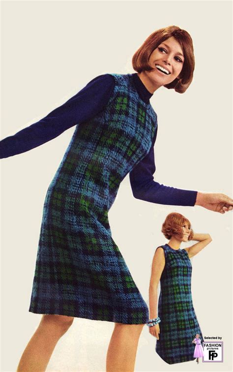 1960s fashion galleries blue green plaid winter wool shift dress turtleneck knee length