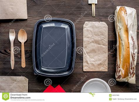 food delivery  paper bags  sandwich  wooden background top view stock image image